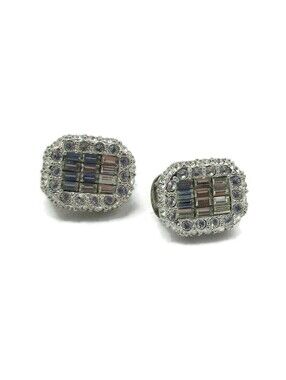 NOLAN MILLER Fancy Silver Tone Rhinestone Clip Earrings SIGNED 3/4"